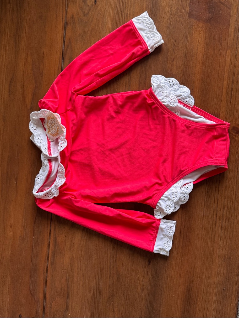 The Beaufort Bonnet Company Red Long Sleeve swimsuit w/ White Eyelet Trim